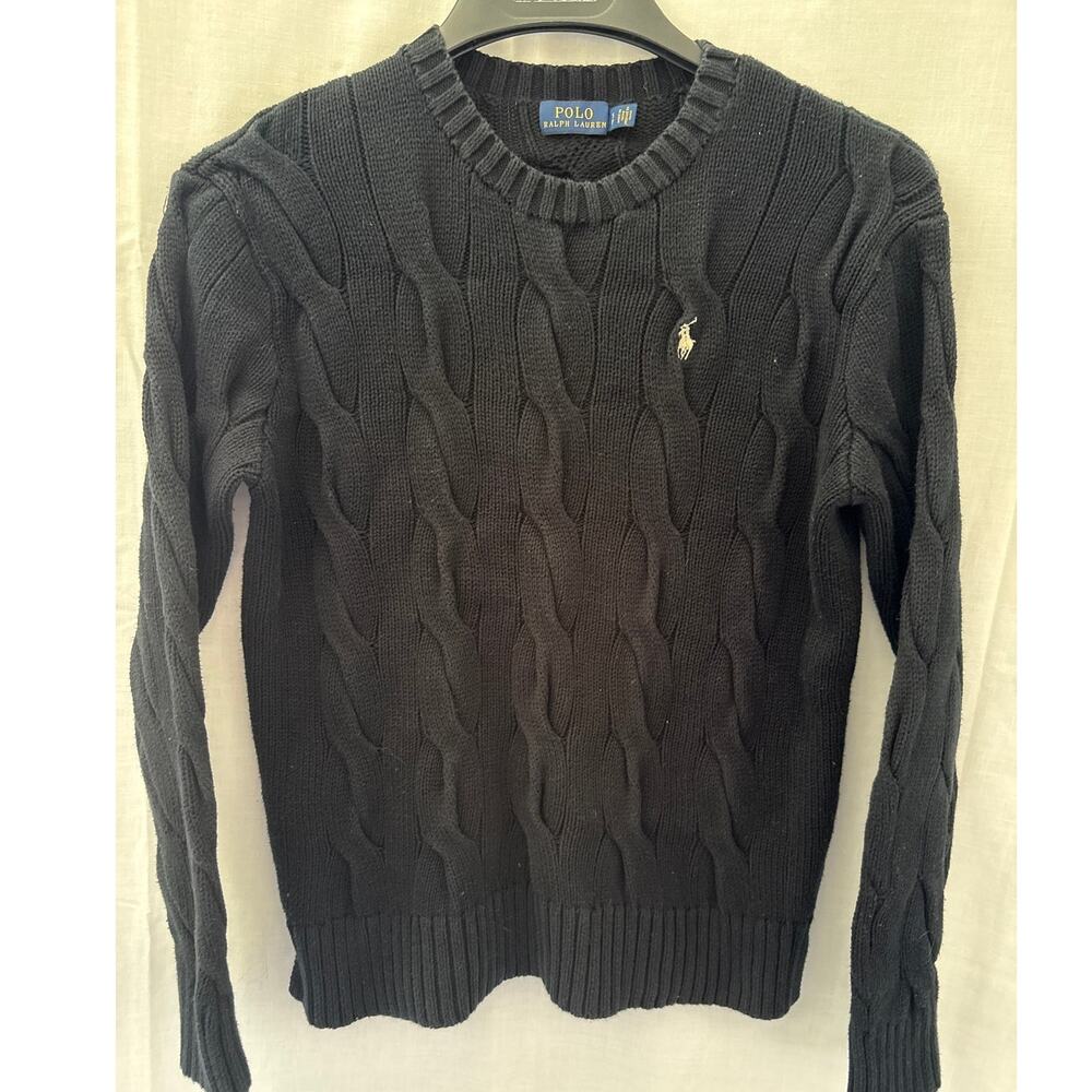 Polo Ralph Lauren Cable Knit Sweater Women Size Small Navy Blue White Pony